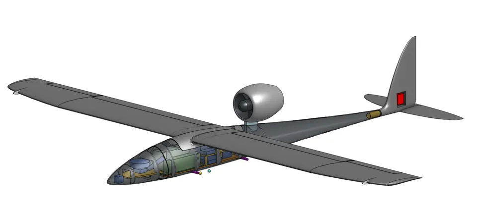 Side CAD view of the Huia airframe with the fuselage cut away to show the avionics bay forward and the battery block behind it.