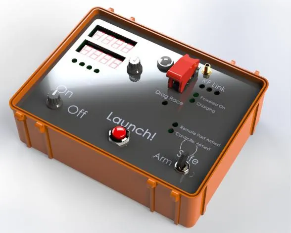 A conceptual render of the launch controller: an orange sealed field case with a dark control panel set into the lid. Two red seven-segment displays sit at the top left above a row of indicator LEDs, with a rotary selector, a toggle under a red safety cover, and an RF connector to their right. A large red button labelled Launch sits at the centre, a keyed Arm and Safe toggle to its lower right, and a power knob at the left. Indicators are labelled RF Link, Drag Race, Powered On, Charging, Remote Pad Armed and Controller Armed.