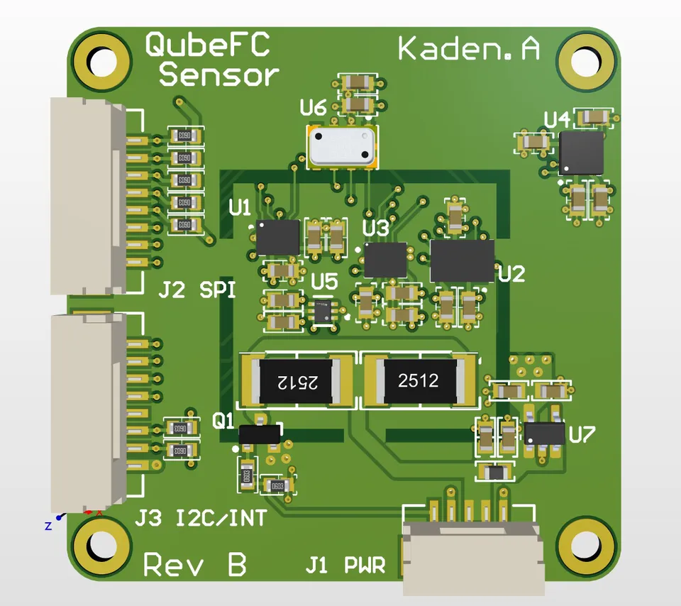 Render of the square QubeFC sensor board, Rev B, in green solder mask with four plated corner mounting holes. A white guard outline encloses the central sensor group — U1, U2, U3, U5, transistor Q1 and a pair of large 2512-size resistors. Outside it sit a crystal marked U6 at the top, U4 at the top right and U7 at the lower right. Two board-to-board connectors run down the left edge, marked J2 SPI and J3 I2C/INT, and a power connector marked J1 PWR sits on the bottom edge.